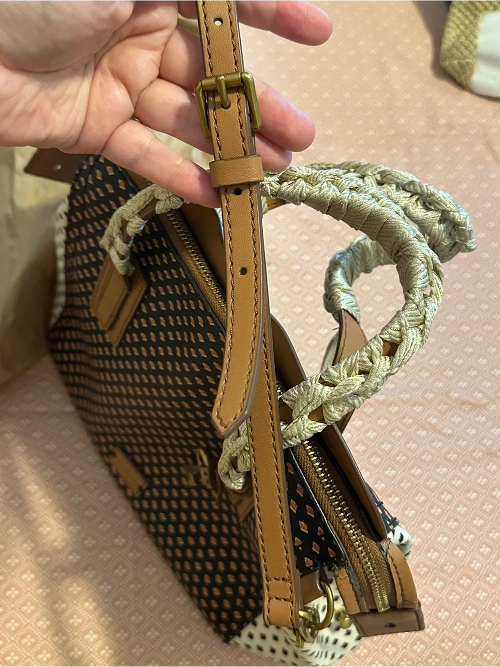 Fossil Black and Tan Patterned Satchel with White Sides